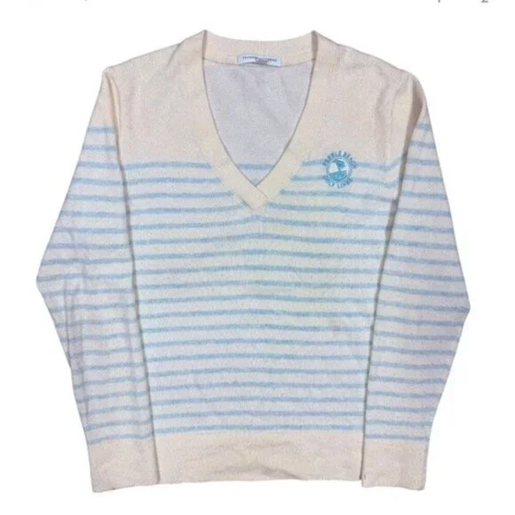 100% Cashmere Pebble Beach Blue and White Striped V Neck Golf Sweater - Picture 3 of 11